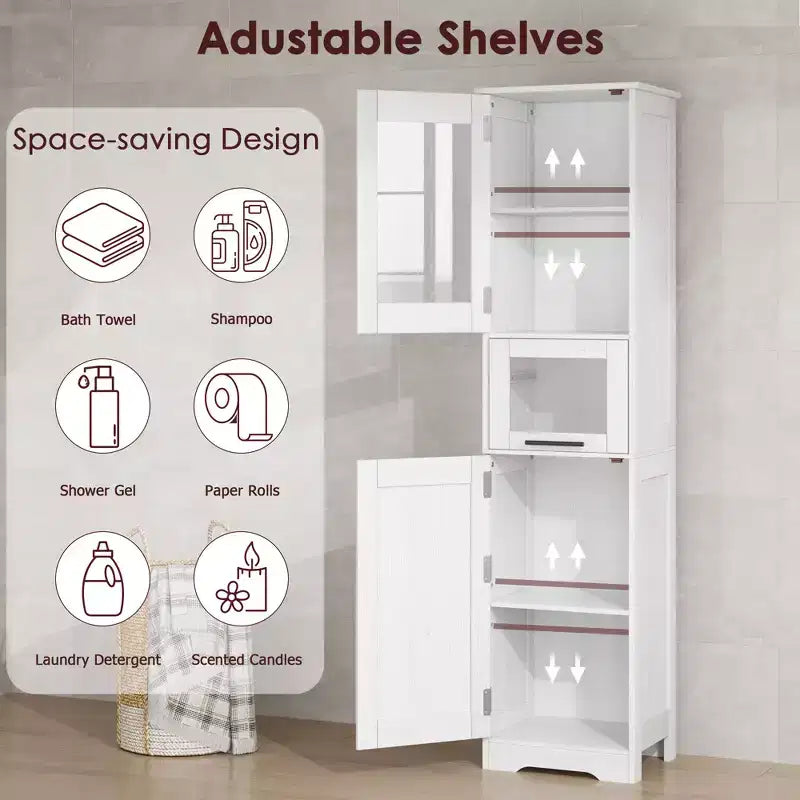 Tall Slim Storage Cabinet with Glass Doors and Adjustable Shelves