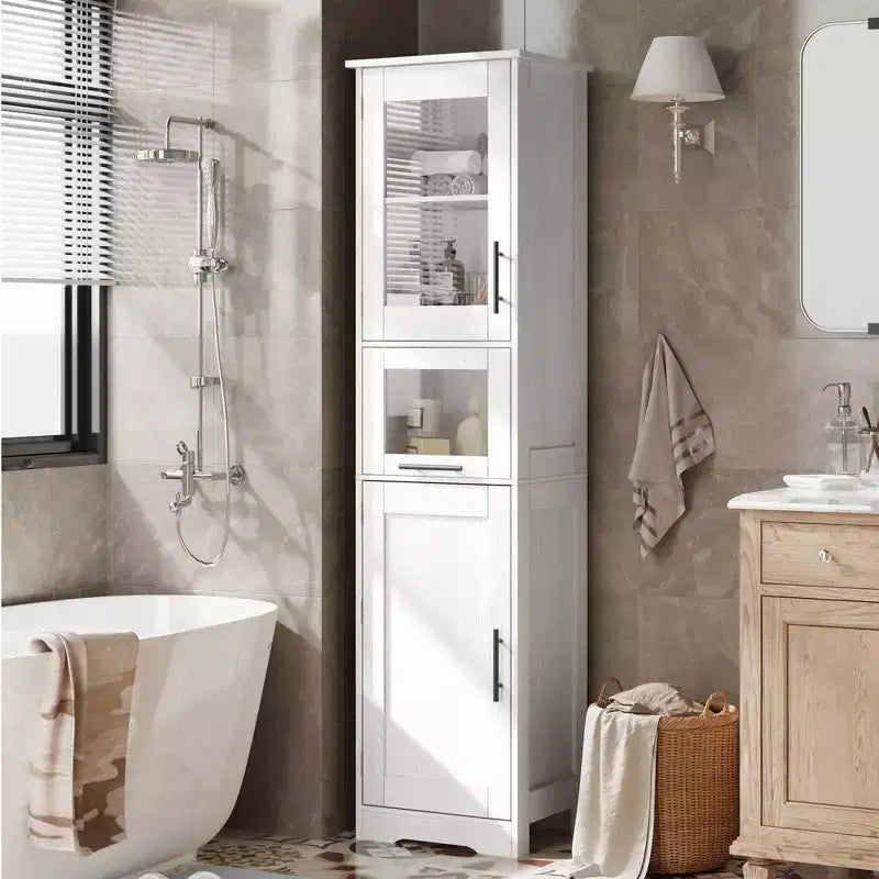 Tall Slim Storage Cabinet with Glass Doors and Adjustable Shelves