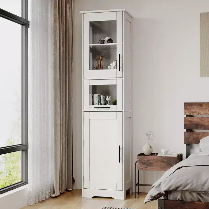 Tall Slim Storage Cabinet with Glass Doors and Adjustable Shelves