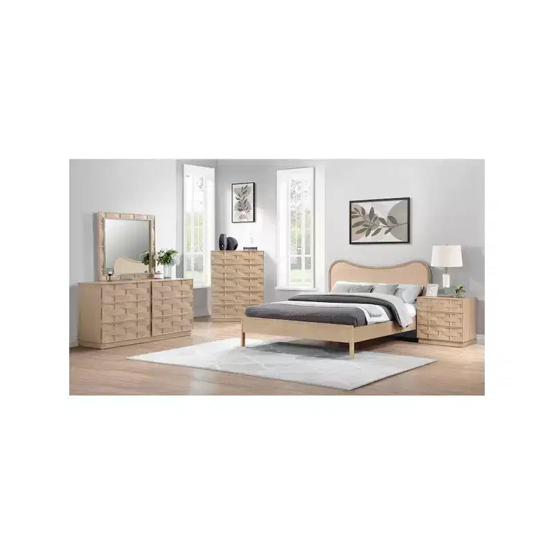 Natural Oak Weave Nightstand, Art Deco Style Bedside Table, 24"W x 19"D x 24"H