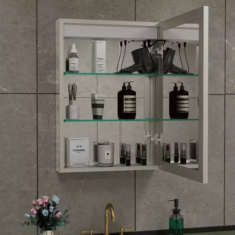 LED Medicine Cabinet with Mirror – Surface or Recessed Mount, Dimmable Light, Anti-Fog, USB Port & Outlet