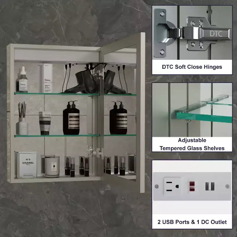 LED Medicine Cabinet with Mirror – Surface or Recessed Mount, Dimmable Light, Anti-Fog, USB Port & Outlet