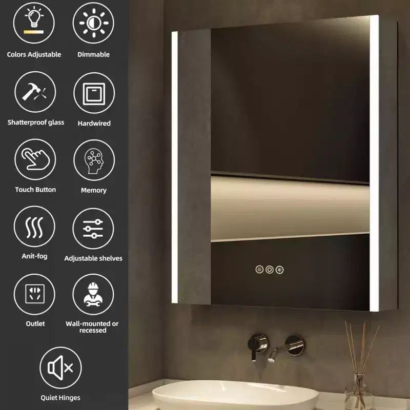 LED Medicine Cabinet with Mirror – Surface or Recessed Mount, Dimmable Light, Anti-Fog, USB Port & Outlet