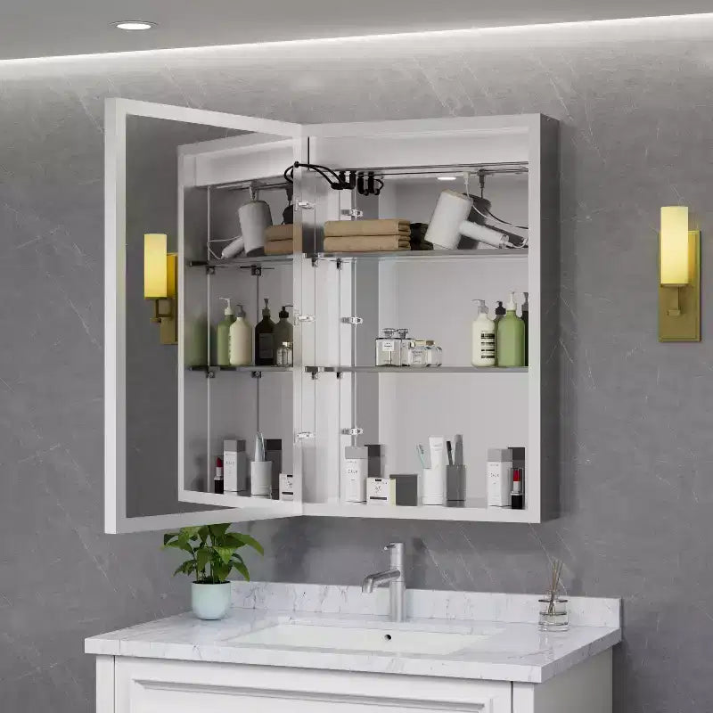 LED Medicine Cabinet with Mirror – Surface or Recessed Mount, Dimmable Light, Anti-Fog, USB Port & Outlet
