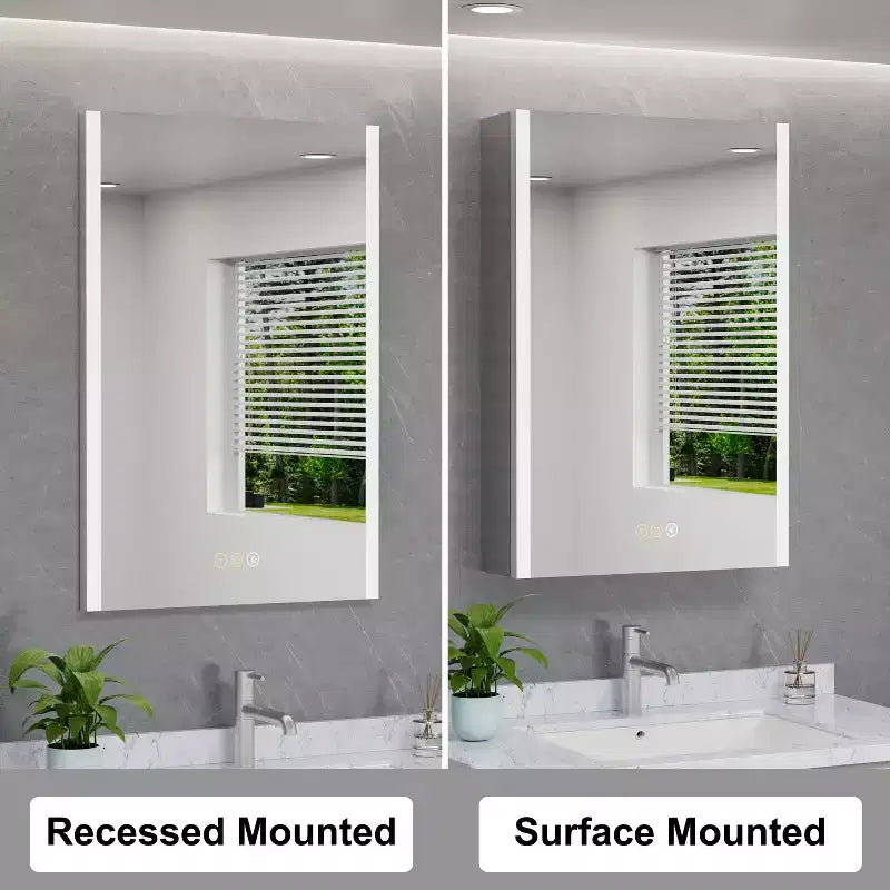 LED Medicine Cabinet with Mirror – Surface or Recessed Mount, Dimmable Light, Anti-Fog, USB Port & Outlet