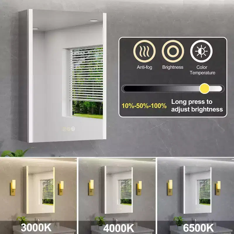 LED Medicine Cabinet with Mirror – Surface or Recessed Mount, Dimmable Light, Anti-Fog, USB Port & Outlet