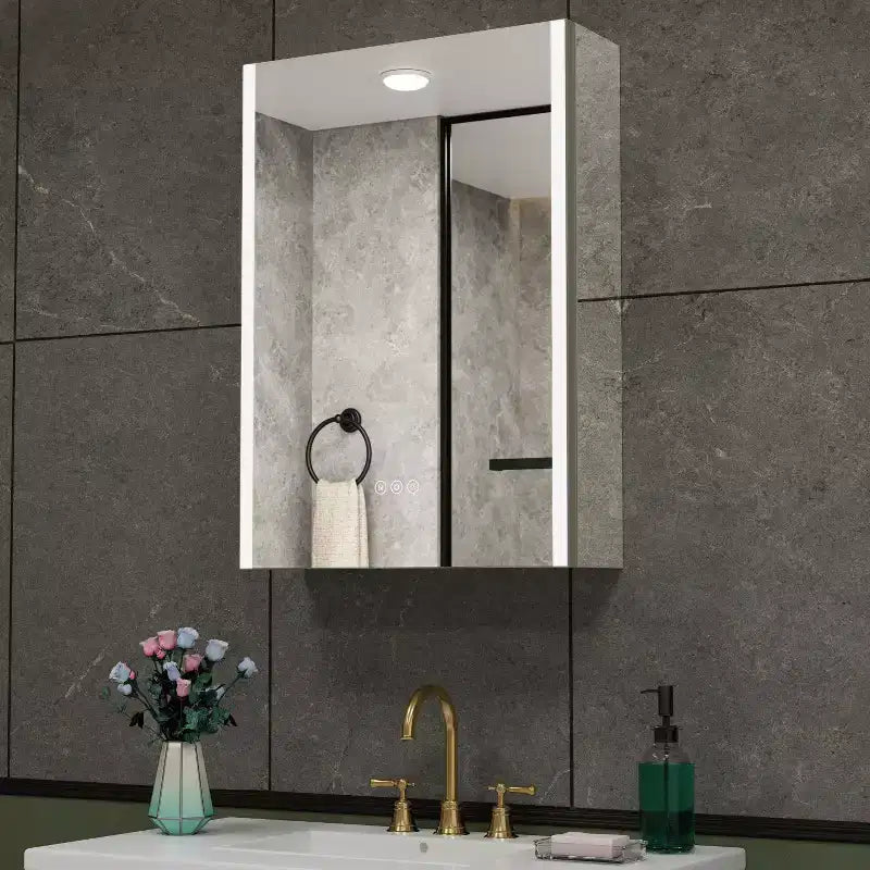 LED Medicine Cabinet with Mirror – Surface or Recessed Mount, Dimmable Light, Anti-Fog, USB Port & Outlet
