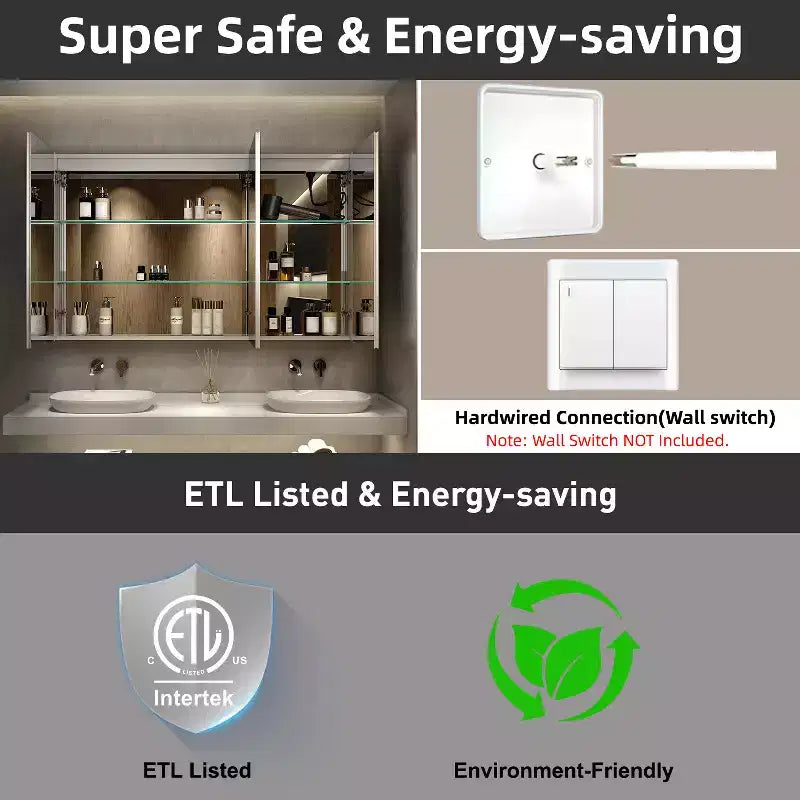 LED Medicine Cabinet with Mirror – Surface or Recessed Mount, Dimmable Light, Anti-Fog, USB Port & Outlet