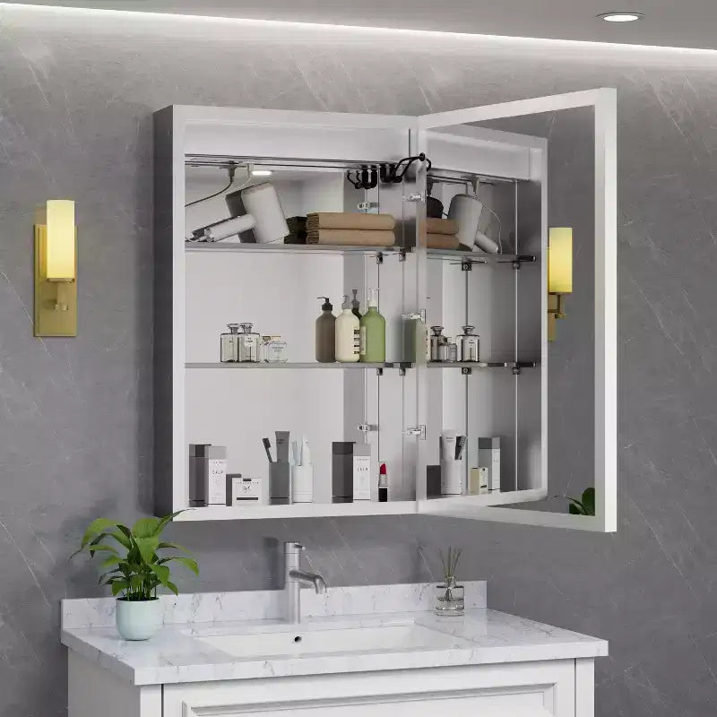 LED Medicine Cabinet with Mirror – Surface or Recessed Mount, Dimmable Light, Anti-Fog, USB Port & Outlet