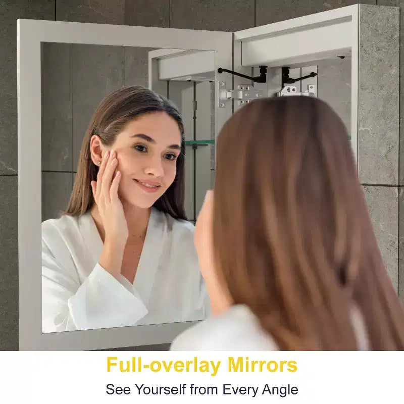 LED Medicine Cabinet with Mirror – Surface or Recessed Mount, Dimmable Light, Anti-Fog, USB Port & Outlet