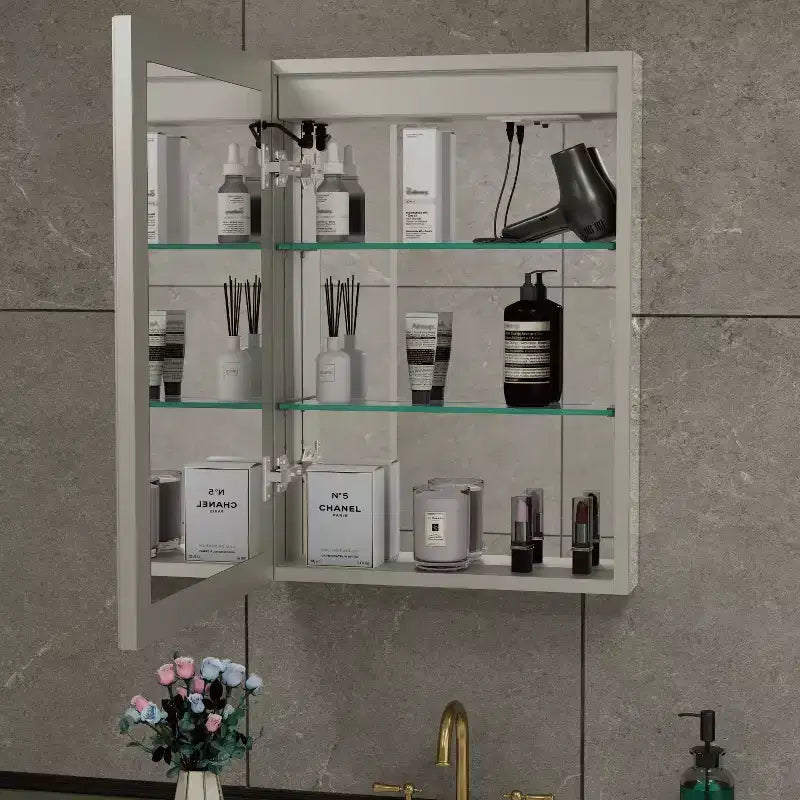 LED Medicine Cabinet with Mirror – Surface or Recessed Mount, Dimmable Light, Anti-Fog, USB Port & Outlet