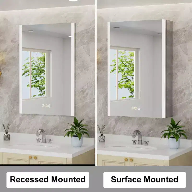 LED Medicine Cabinet with Mirror – Surface or Recessed Mount, Dimmable Light, Anti-Fog, USB Port & Outlet