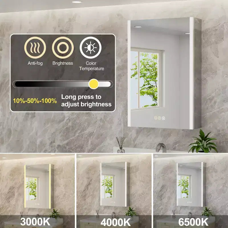 LED Medicine Cabinet with Mirror – Surface or Recessed Mount, Dimmable Light, Anti-Fog, USB Port & Outlet