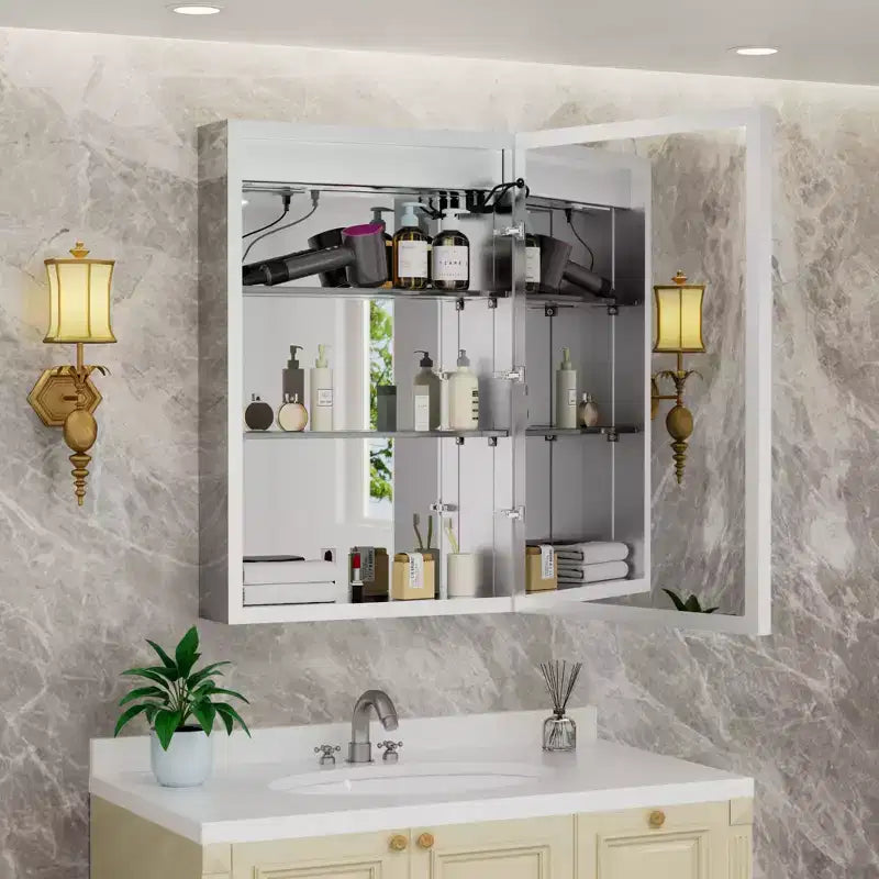 LED Medicine Cabinet with Mirror – Surface or Recessed Mount, Dimmable Light, Anti-Fog, USB Port & Outlet