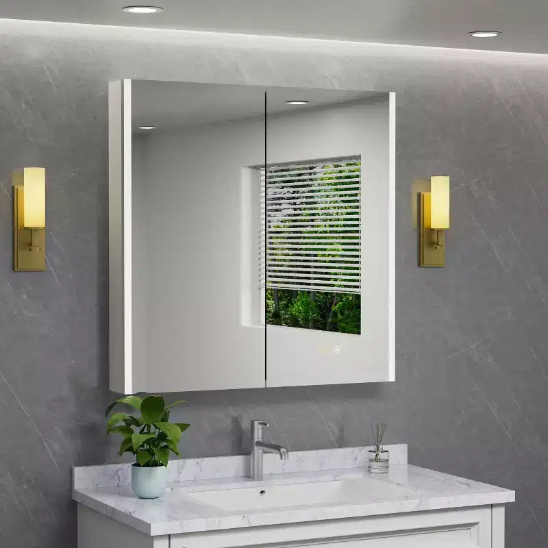 LED Medicine Cabinet with Mirror – Surface or Recessed Mount, Dimmable Light, Anti-Fog, USB Port & Outlet