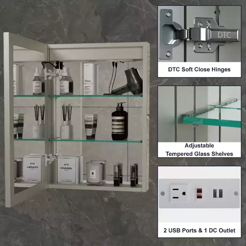 LED Medicine Cabinet with Mirror – Surface or Recessed Mount, Dimmable Light, Anti-Fog, USB Port & Outlet
