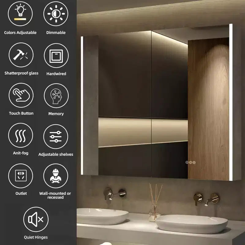 LED Medicine Cabinet with Mirror – Surface or Recessed Mount, Dimmable Light, Anti-Fog, USB Port & Outlet
