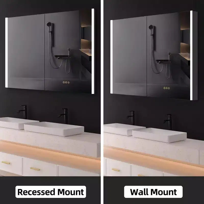 LED Medicine Cabinet with Mirror – Surface or Recessed Mount, Dimmable Light, Anti-Fog, USB Port & Outlet