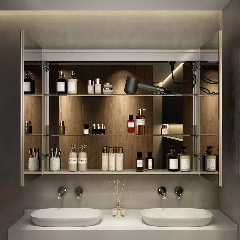 LED Medicine Cabinet with Mirror – Surface or Recessed Mount, Dimmable Light, Anti-Fog, USB Port & Outlet
