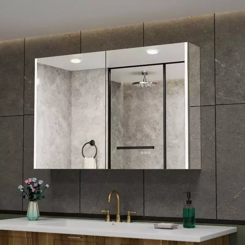 LED Medicine Cabinet with Mirror – Surface or Recessed Mount, Dimmable Light, Anti-Fog, USB Port & Outlet