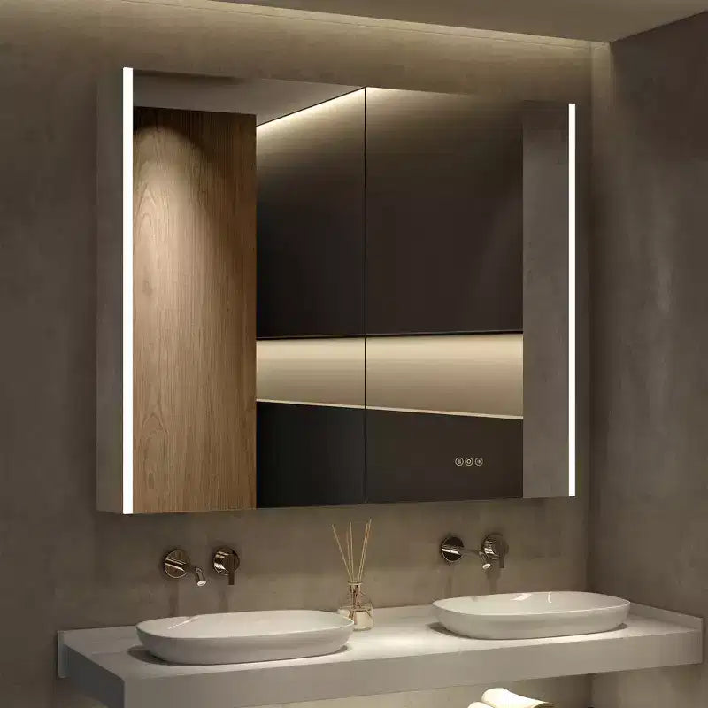 LED Medicine Cabinet with Mirror – Surface or Recessed Mount, Dimmable Light, Anti-Fog, USB Port & Outlet