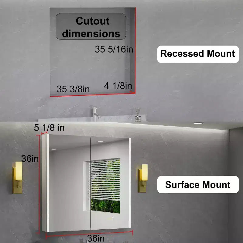 LED Medicine Cabinet with Mirror – Surface or Recessed Mount, Dimmable Light, Anti-Fog, USB Port & Outlet