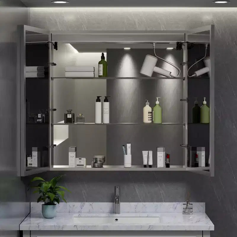 LED Medicine Cabinet with Mirror – Surface or Recessed Mount, Dimmable Light, Anti-Fog, USB Port & Outlet