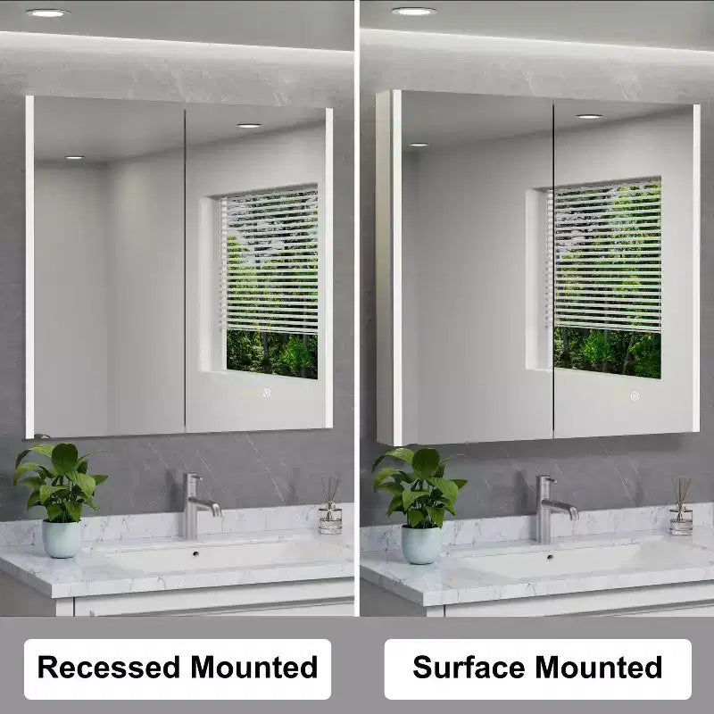 LED Medicine Cabinet with Mirror – Surface or Recessed Mount, Dimmable Light, Anti-Fog, USB Port & Outlet