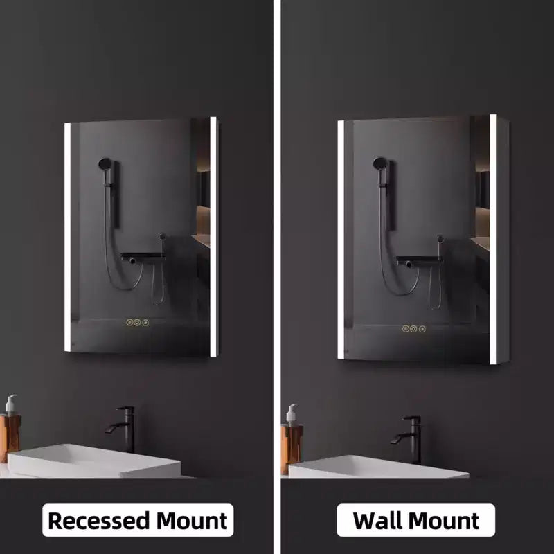 LED Medicine Cabinet with Mirror – Surface or Recessed Mount, Dimmable Light, Anti-Fog, USB Port & Outlet