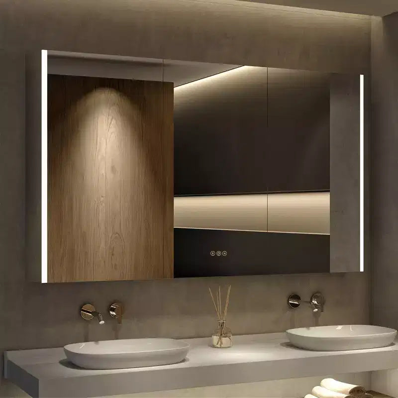 LED Medicine Cabinet with Mirror – Surface or Recessed Mount, Dimmable Light, Anti-Fog, USB Port & Outlet