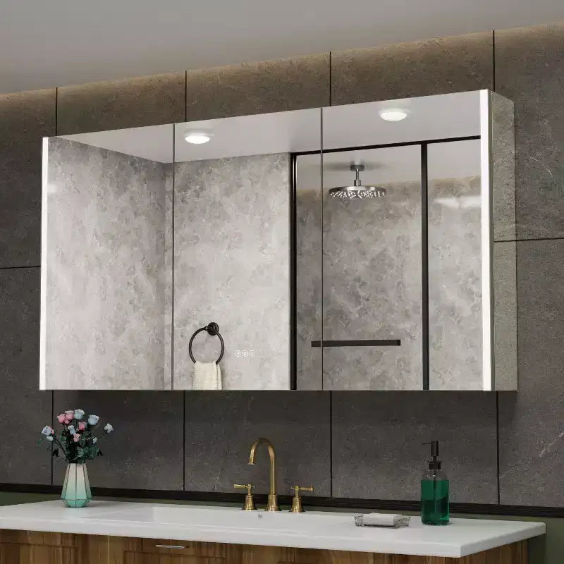 LED Medicine Cabinet with Mirror – Surface or Recessed Mount, Dimmable Light, Anti-Fog, USB Port & Outlet