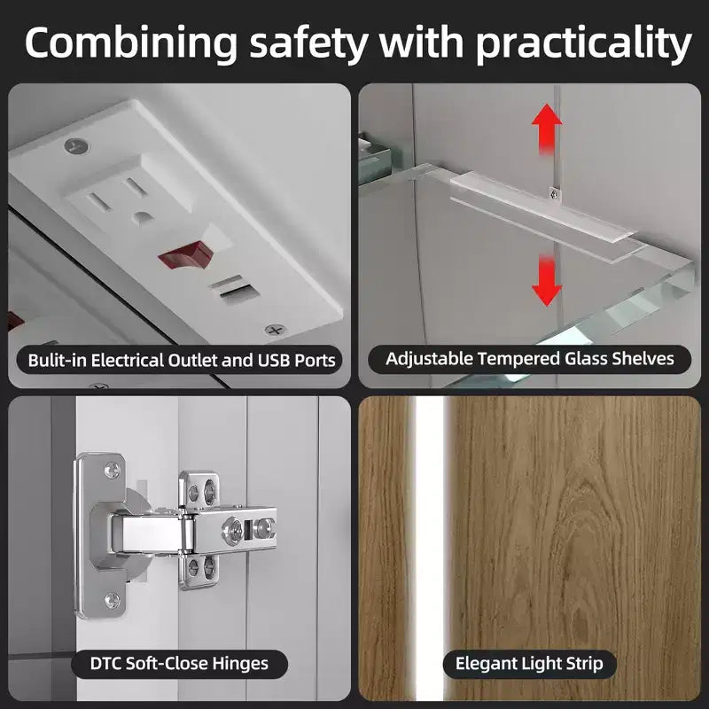 LED Medicine Cabinet with Mirror – Surface or Recessed Mount, Dimmable Light, Anti-Fog, USB Port & Outlet