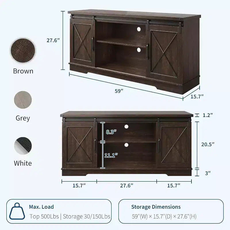 59-Inch TV Stand with Sliding Barn Doors and Storage Cabinets