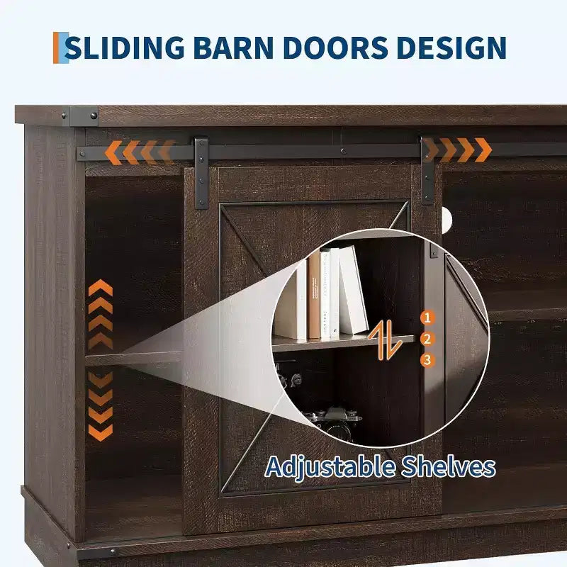 59-Inch TV Stand with Sliding Barn Doors and Storage Cabinets