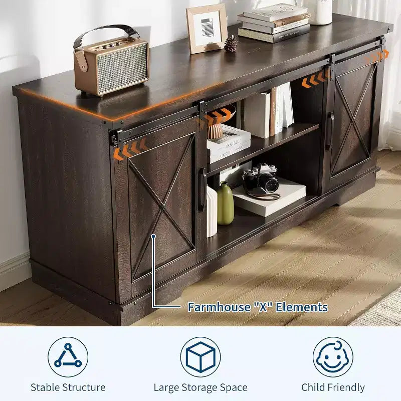 59-Inch TV Stand with Sliding Barn Doors and Storage Cabinets