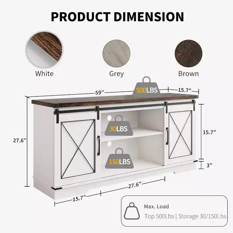59-Inch TV Stand with Sliding Barn Doors and Storage Cabinets