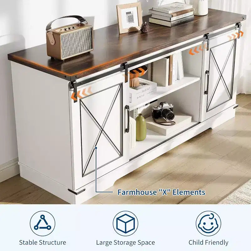 59-Inch TV Stand with Sliding Barn Doors and Storage Cabinets