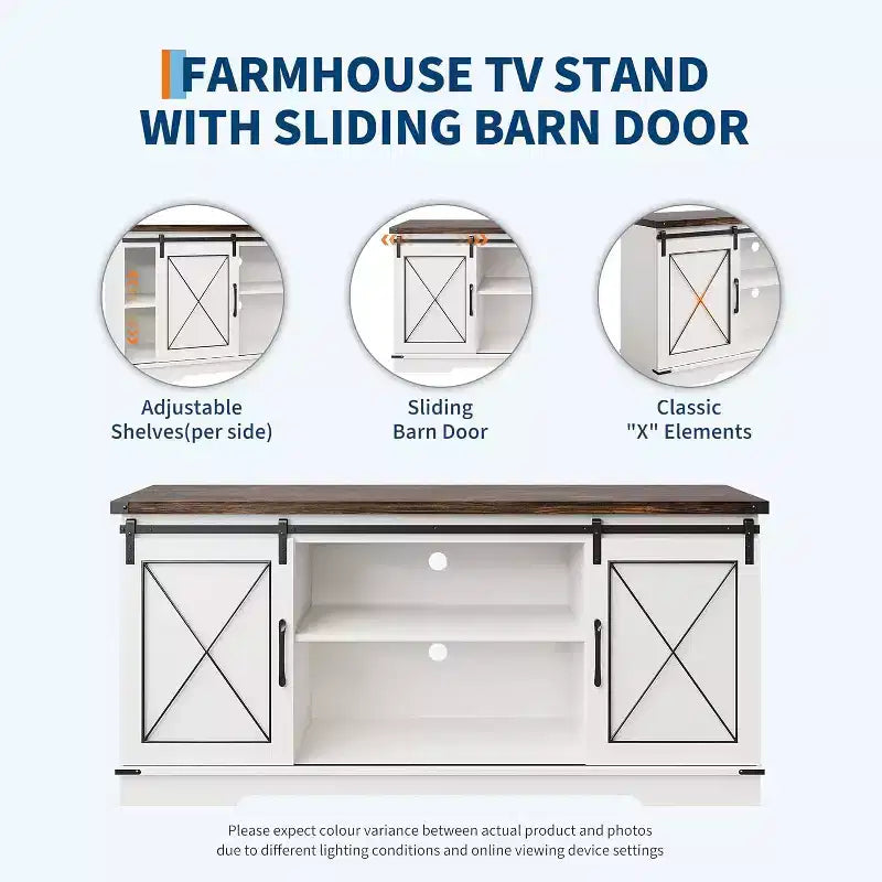59-Inch TV Stand with Sliding Barn Doors and Storage Cabinets