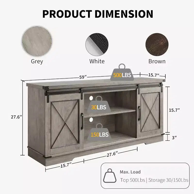 59-Inch TV Stand with Sliding Barn Doors and Storage Cabinets