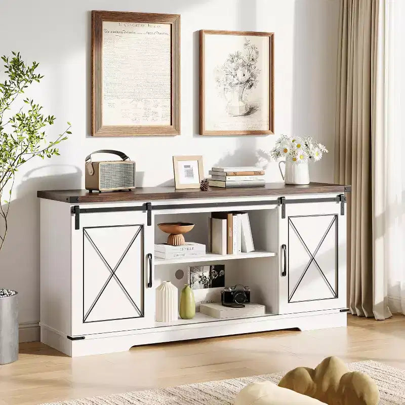 59-Inch TV Stand with Sliding Barn Doors and Storage Cabinets
