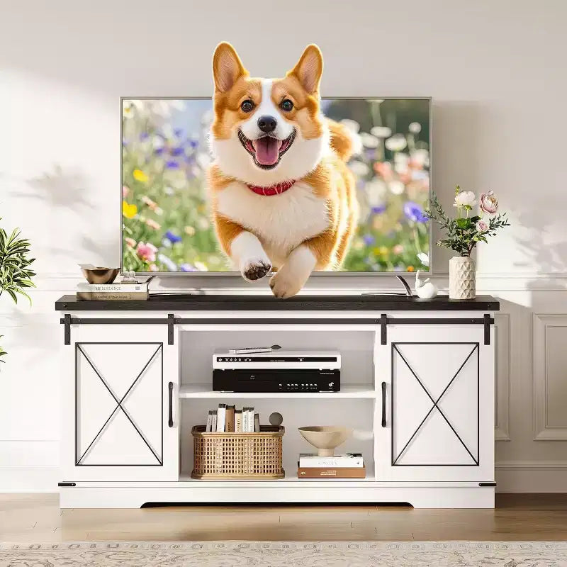 59-Inch TV Stand with Sliding Barn Doors and Storage Cabinets