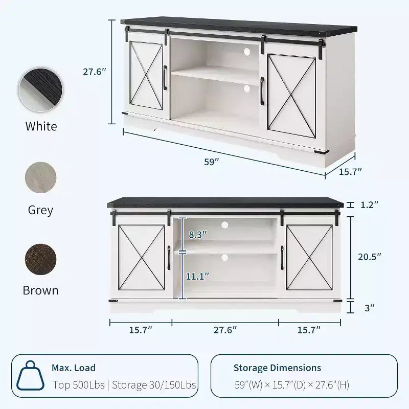 59-Inch TV Stand with Sliding Barn Doors and Storage Cabinets