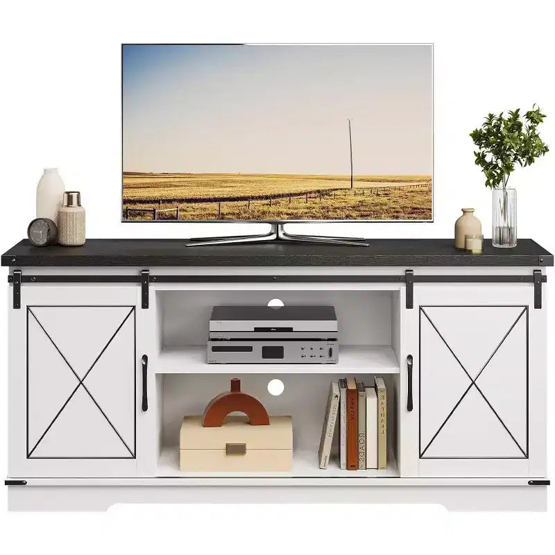 59-Inch TV Stand with Sliding Barn Doors and Storage Cabinets