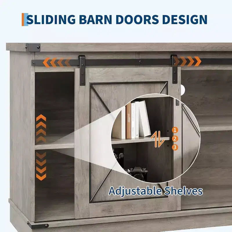 59-Inch TV Stand with Sliding Barn Doors and Storage Cabinets