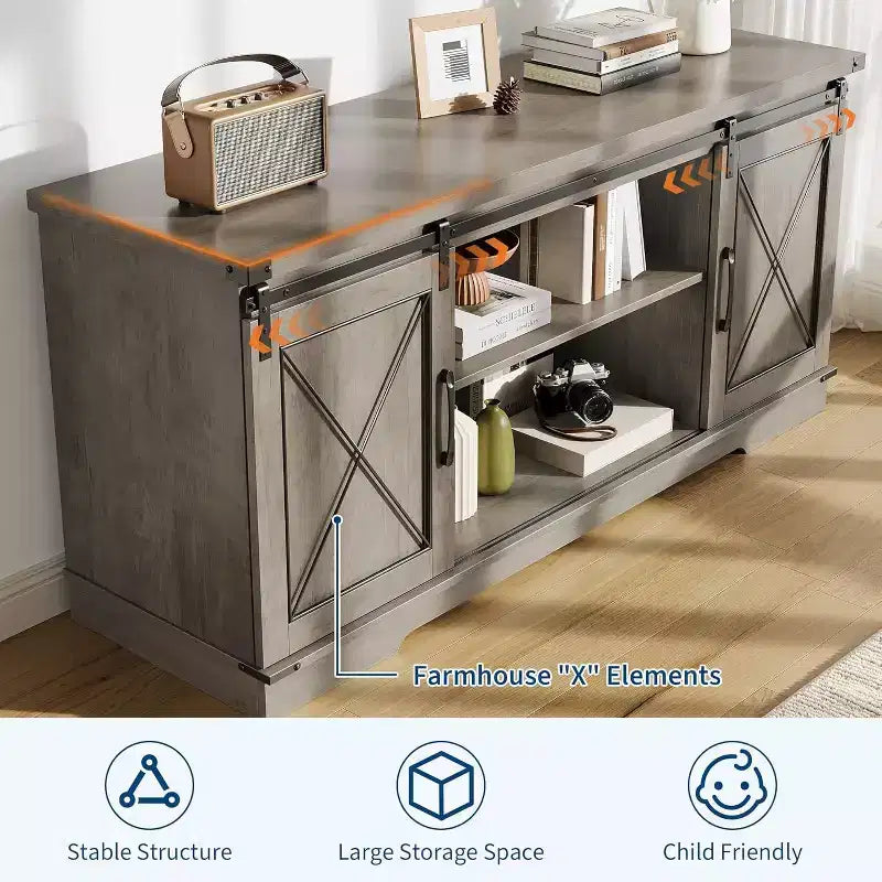59-Inch TV Stand with Sliding Barn Doors and Storage Cabinets