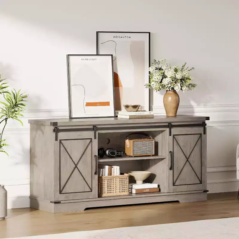59-Inch TV Stand with Sliding Barn Doors and Storage Cabinets