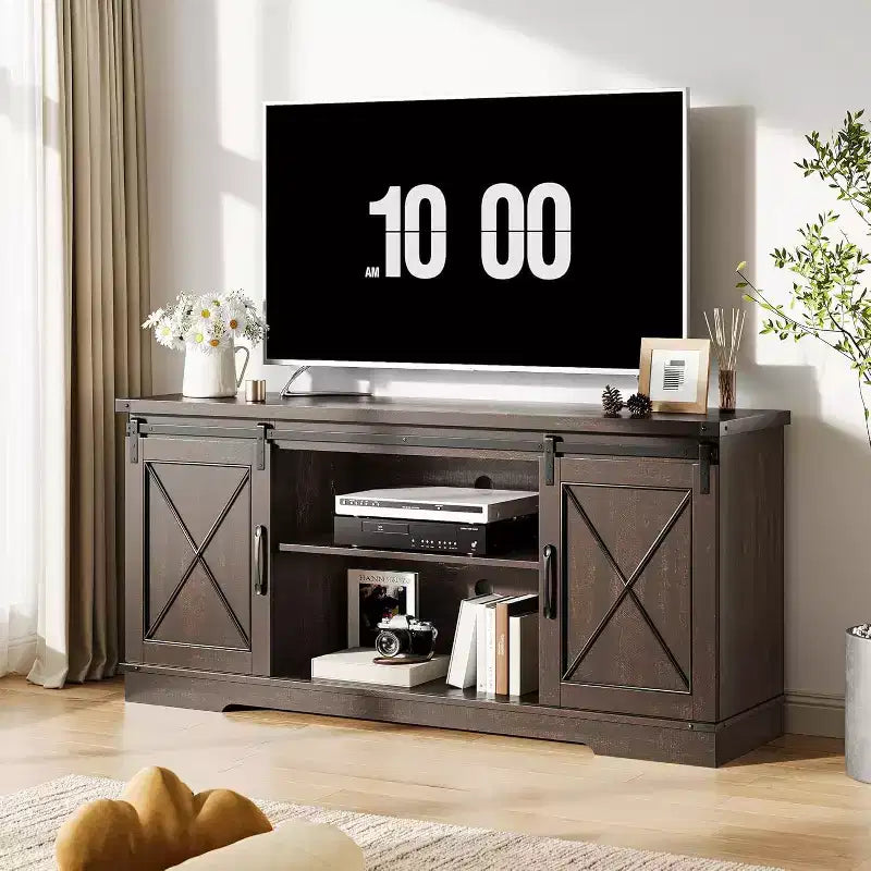 59-Inch TV Stand with Sliding Barn Doors and Storage Cabinets