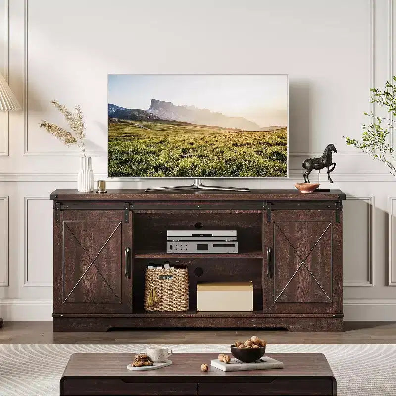 59-Inch TV Stand with Sliding Barn Doors and Storage Cabinets