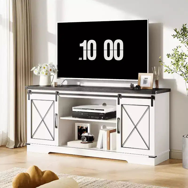 59-Inch TV Stand with Sliding Barn Doors and Storage Cabinets
