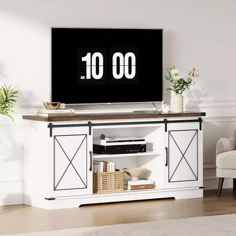 59-Inch TV Stand with Sliding Barn Doors and Storage Cabinets